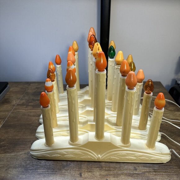 Vintage Christmas Holiday Candelabra 5 Light Window Ivory Drip Candle  WORKS - Picture 2 of 11